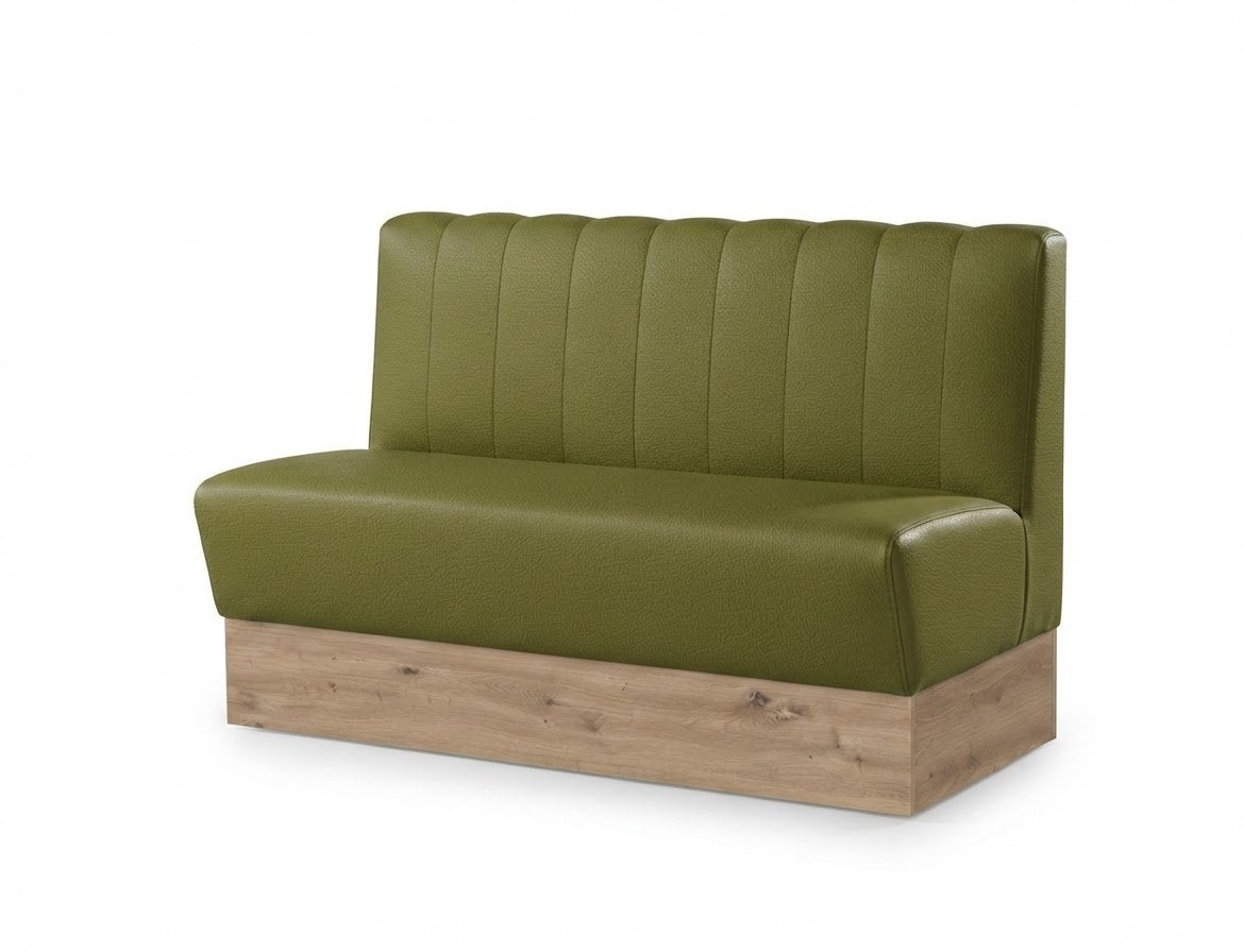 Banquette Bergamo en similicuir Arizona Avocat – Coutures verticales et plinthe bois 20 cm