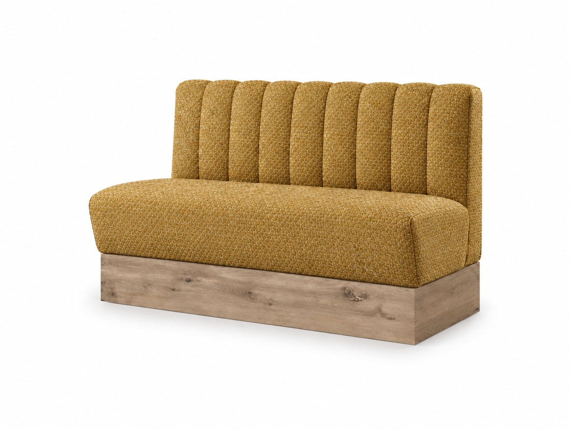 Banquette Bergamo en tissu Gava 53 Jaune – Coutures verticales et plinthe bois 20 cm