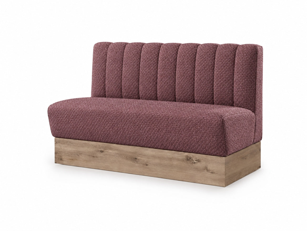 Banquette Bergamo en tissu Gava 58 Rose – Coutures verticales et plinthe bois 20 cm