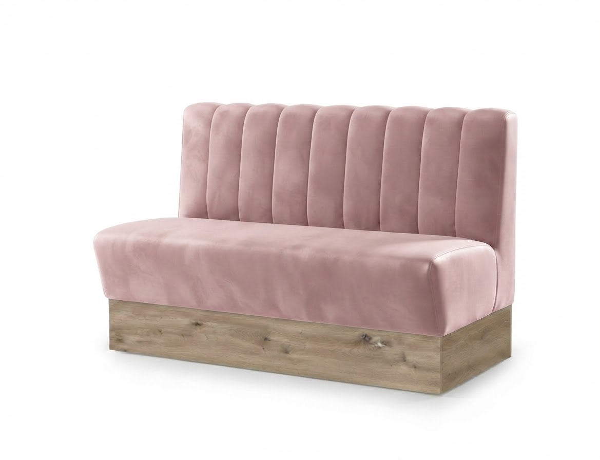 Banquette Bergamo en velours Casino Rose – Coutures verticales et plinthe bois 20 cm