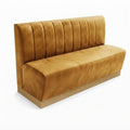 Banquette Rivoli en velours Casino moutarde — Coutures verticales et plinthe bois