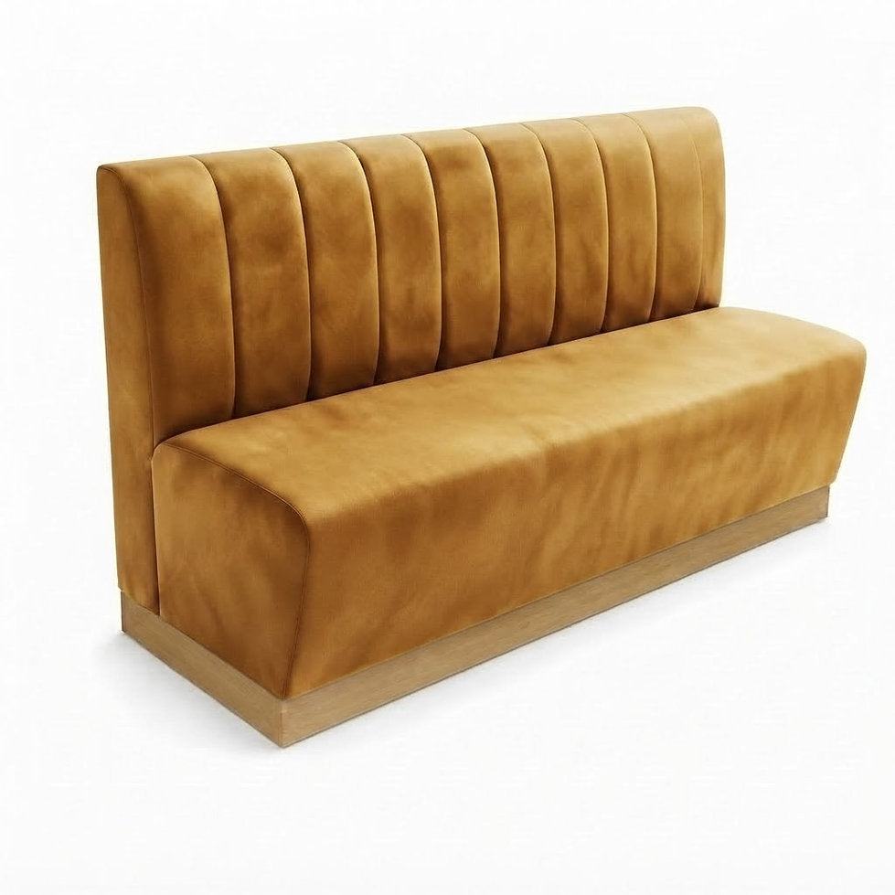 Banquette Rivoli en velours Casino moutarde — Coutures verticales et plinthe bois