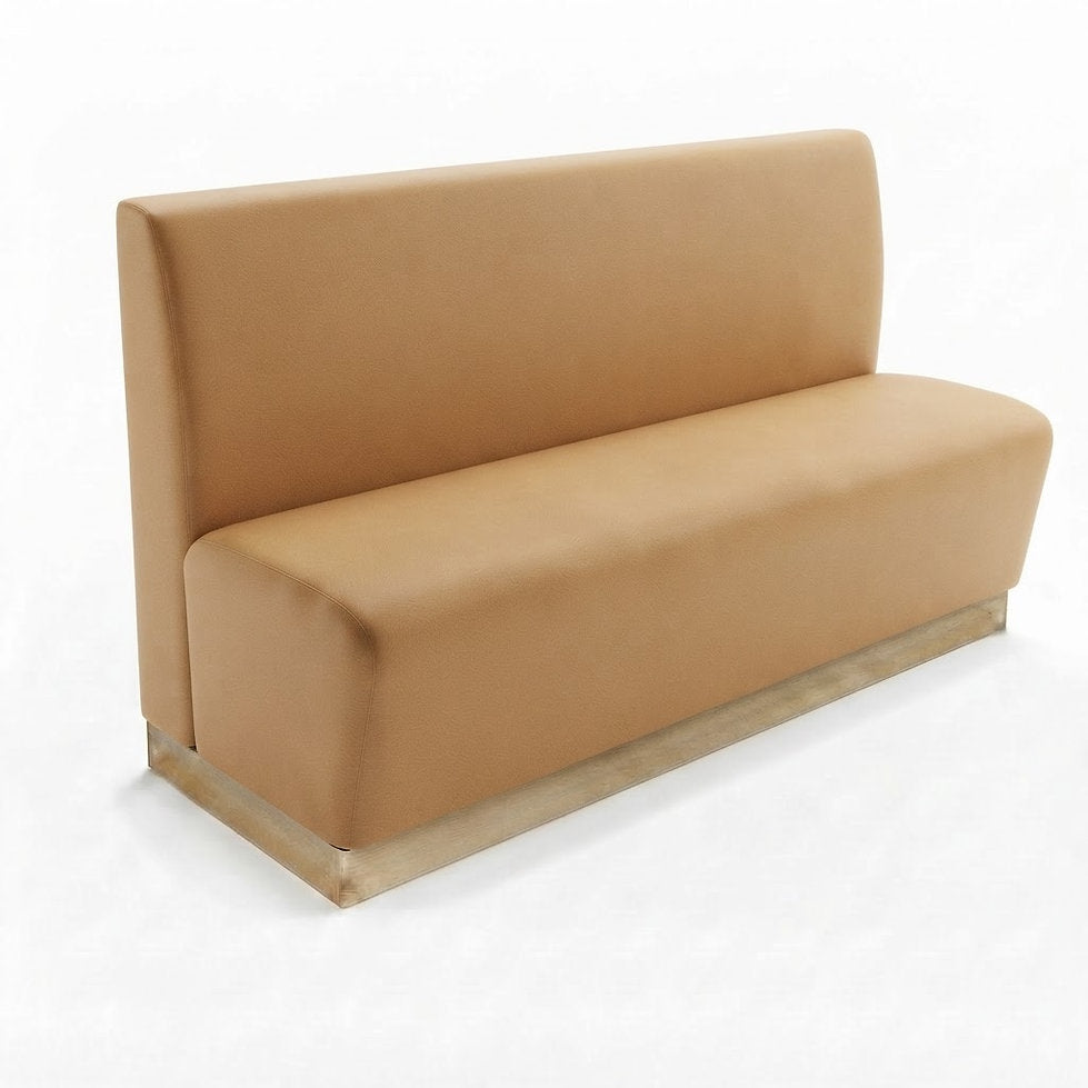 Banquette Treviso en similicuir Arizona Caramel – Dossier lisse et plinthe bois 10 cm