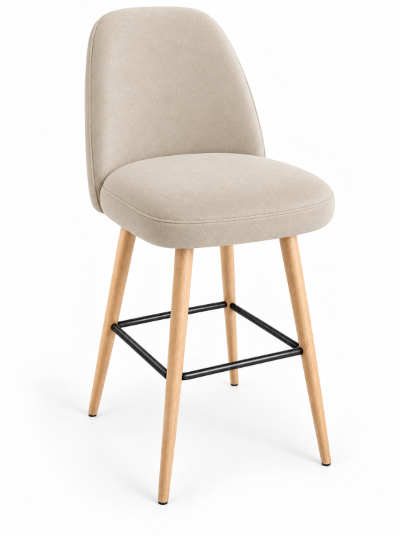 Tabouret de bar Pienza en velours Casino Perle – Pieds hêtre naturel
