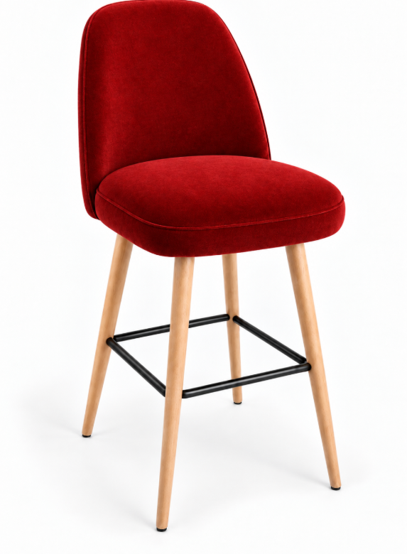 Tabouret de bar Pienza en velours Casino rouge foncé – Pieds hêtre naturel