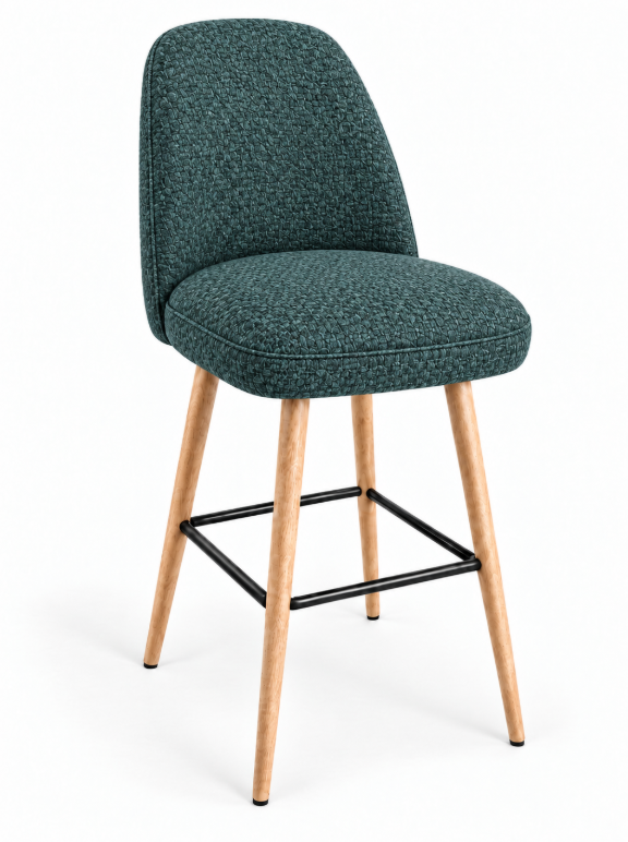 Tabouret de bar Pienza en tissu Gava 75 vert bleu – Pieds hêtre naturel