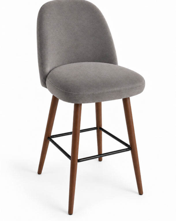 Tabouret de bar Pienza en velours Casino Cendre – Pieds teintés noyer