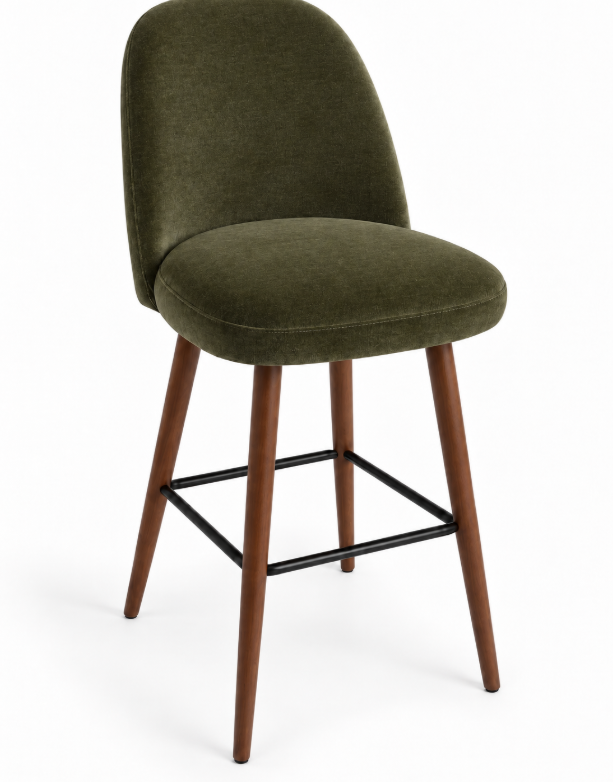 Tabouret de bar Pienza en velours Casino Vert Forêt – Pieds teintés noyer