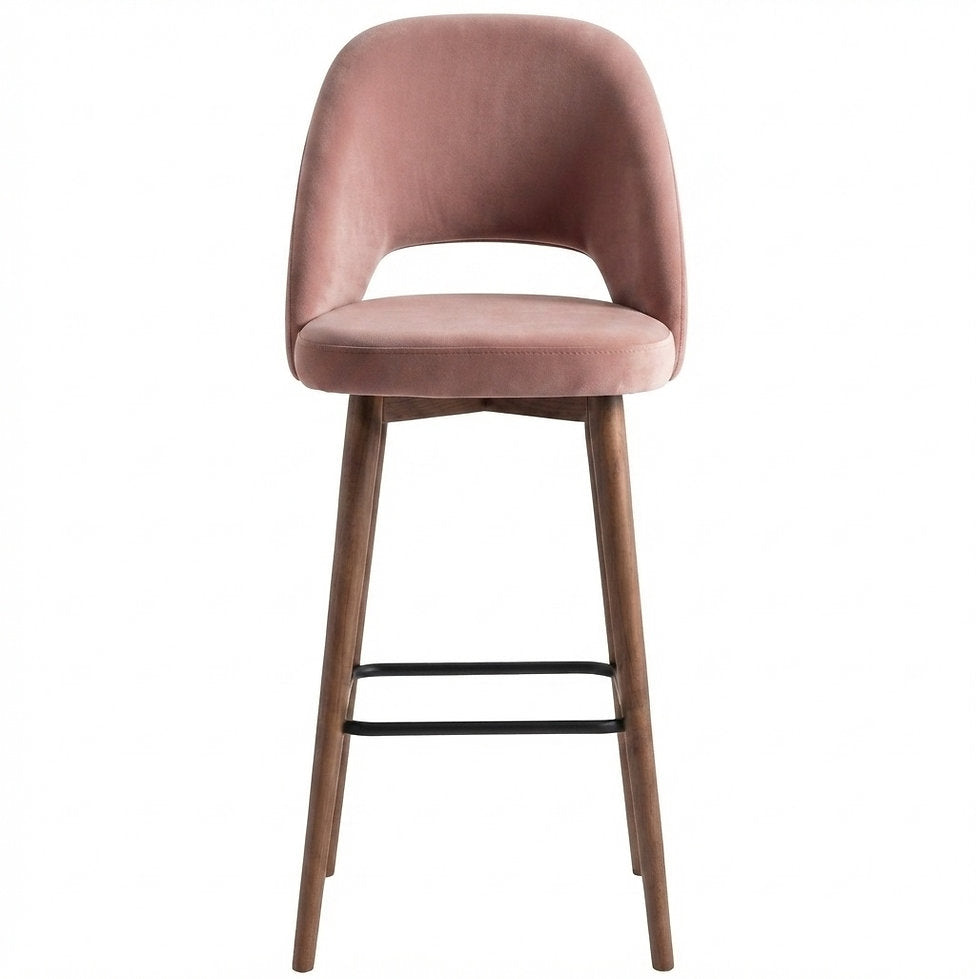 Tabouret de bar Ravello en velours Casino saumon – Pieds bois teintés noyer