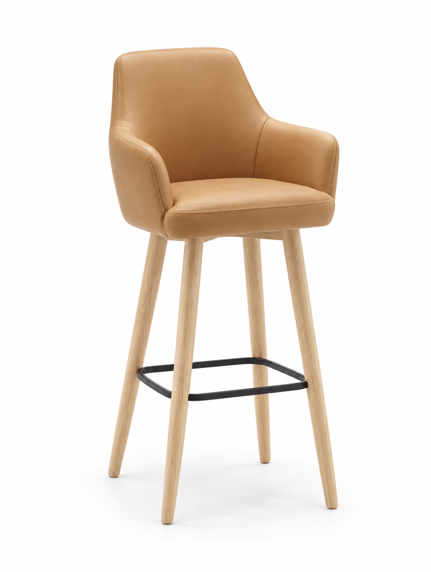 Tabouret de bar Vigevano en similicuir Arizona caramel – Pieds hêtre naturel