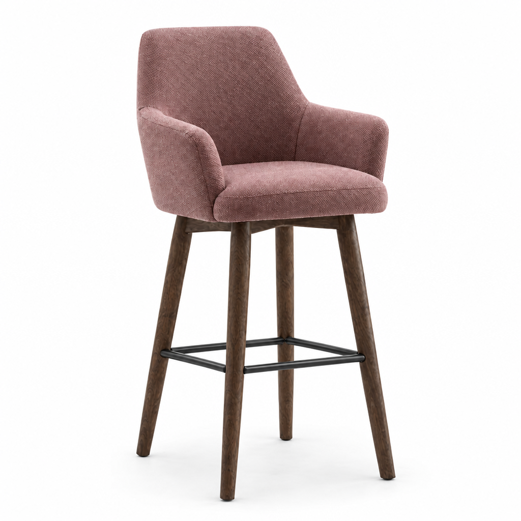 Tabouret de bar Vigevano en tissu Gava 58 rose chiné – Pieds bois teintés noyer