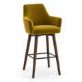 Tabouret de bar Vigevano en velours Casino vert olive – Pieds bois teintés noyer