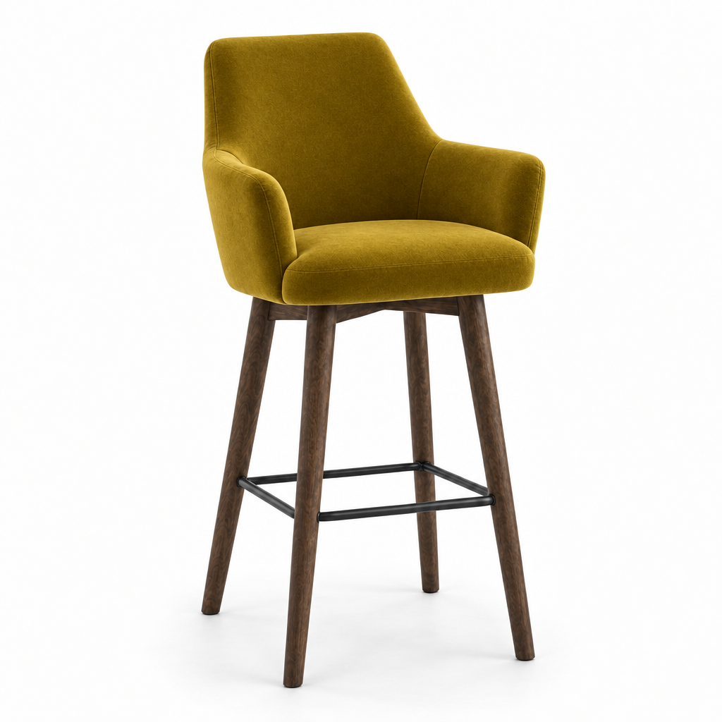 Tabouret de bar Vigevano en velours Casino vert olive – Pieds bois teintés noyer